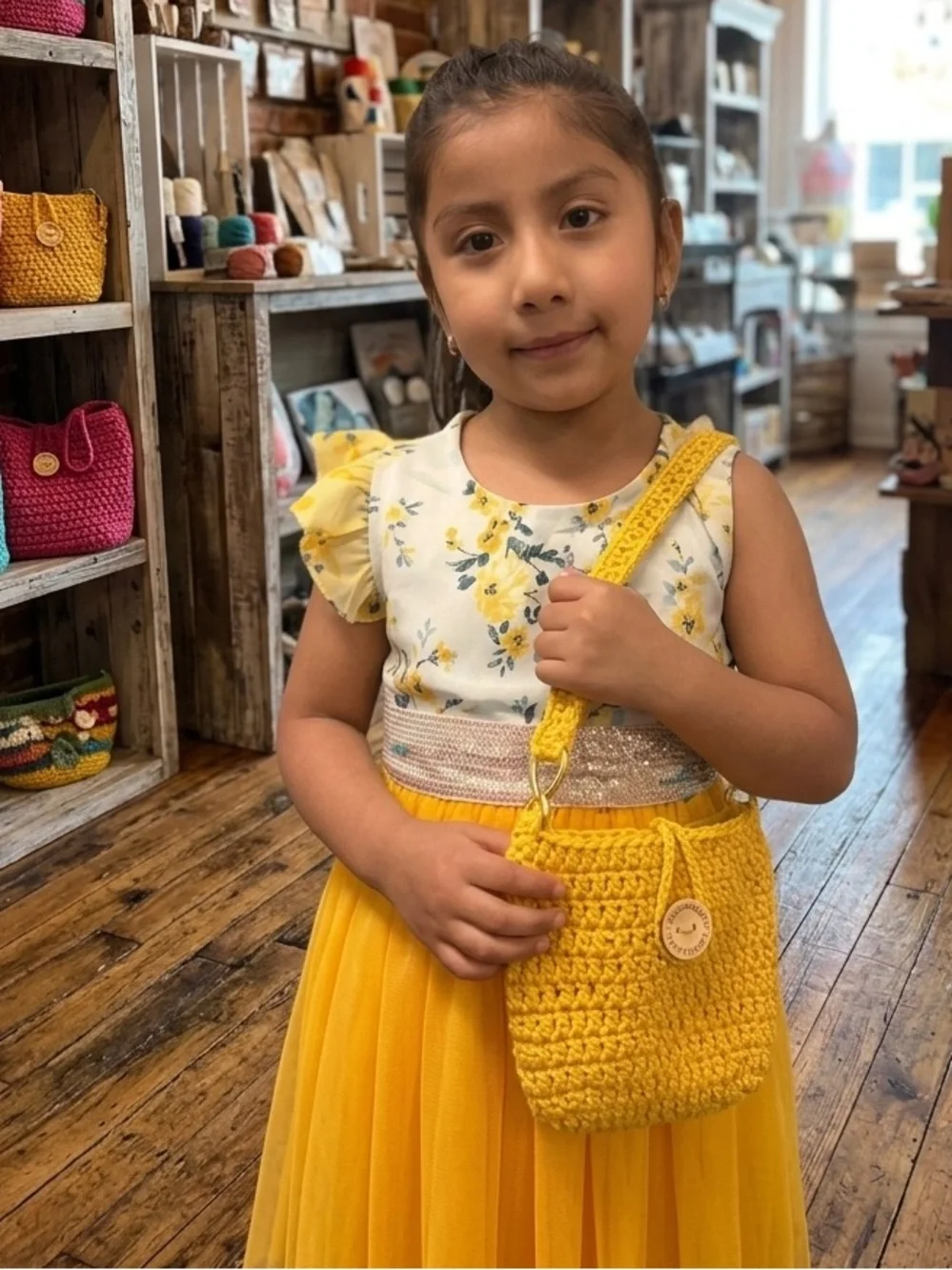Bright Yellow Crochet Crossbody Baby Bag with Button Accent
